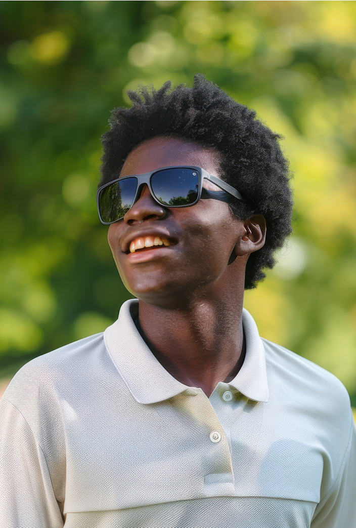 Young blind man wearing sunglasses looking to the side, smiling